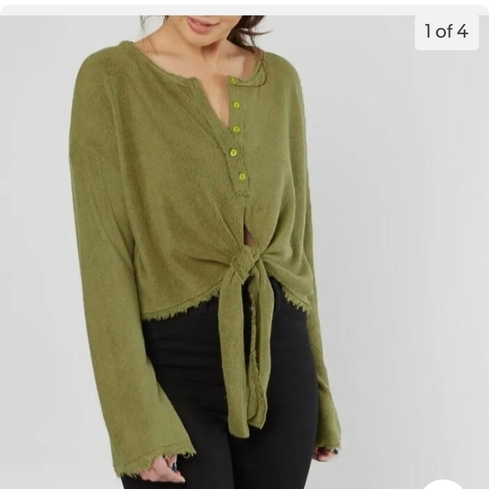Free People Sz L Emmas Henley Top Long Sleeves Green OB915899